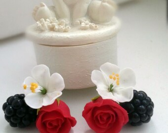flower earrings, blackberry earrings, gift for her, black earrings, bride jewelry, bridesmaids gift, black bride , apple blissoms, wedding