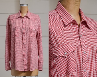 70s Western Red Gingham Plaid Pearl Snap Button Down Red & White Dress Shirt