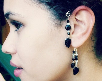 Black and Silver Boho Ear Cuff Wrap, No Piercing, Non Pierced Dangle Earrings