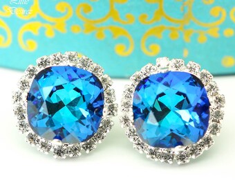 Swarovski Blue Stud Earrings Bridal Earrings Bridesmaid Earrings Blue Green Teal Earrings Bermuda Blue Earrings Handmade Gift for Her BB50S