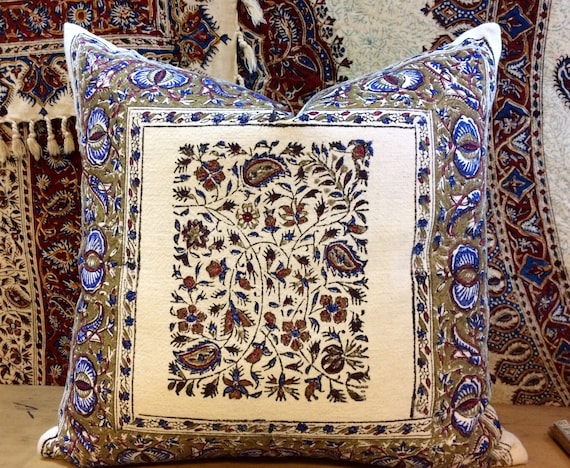Decorative modern blue pillow , floral design in metallic gold colour , quality handprinted Cushion, Cotton and linen pillow