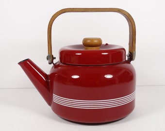 Red Enamel Tea Kettle, Vintage Enamel Red Wood Handle Striped Midcentury Tea Kettle, Kitchen Vintage Tea