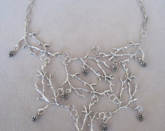 Antique Silver Open Winter Tree Branches with Pine Cones Fall Necklace