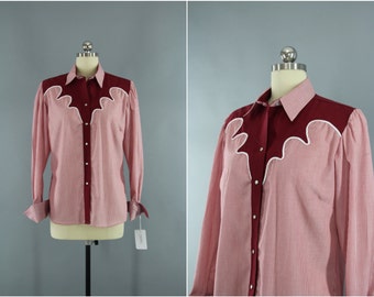 Vintage 1970s Rockmount Shirt / 70s Rockabilly Shirt / Red Striped Blouse / Western Style Ranch Wear / Size Medium M Large L