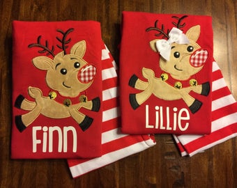 Personalized Family Christmas pajamas top pants sets Reindeer or Santa applique green red & white stripes baby toddler kids monogrammed PJs