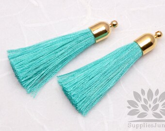 T007-G-MT// Gold Plated Round Cone Mint Tassel Pendant, 2pcs