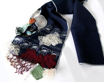 Art to wear scarf/thin silk acrylic dark blue scarf*handmade*handpainted