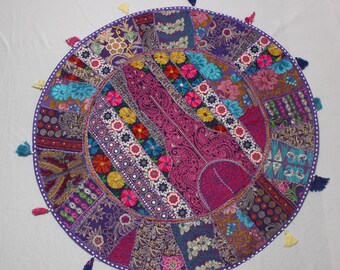 40 inches Round cushion cover, Indian patchwork floor cushion, cotton round embroidered floor seating cushion, Meditation pillow. purple
