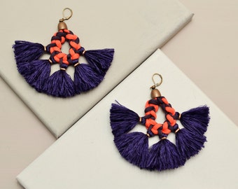 Tassel Earrings, Statement Earrings, Large Earrings, Boho Earrings, Hippie Earrings, Frida Kahlo Style, Fabric Earrings, Yarn Earrings