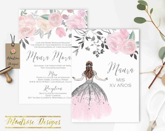 Blush Pink Floral Quinceañera Invitation, Quinceanera Invitation, Invitacion de Quinceañera, Sweet 16, Princess, Silver Glitter DIGITAL FILE