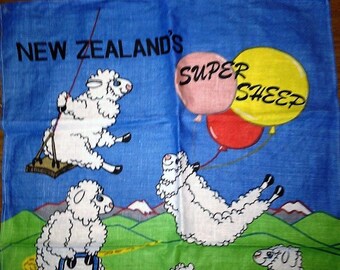 Vintage 1980s Linen Tea Towel "New Zealand's Super Sheep" - Copyright Design by Derek / Retro Sheep Tea Towel