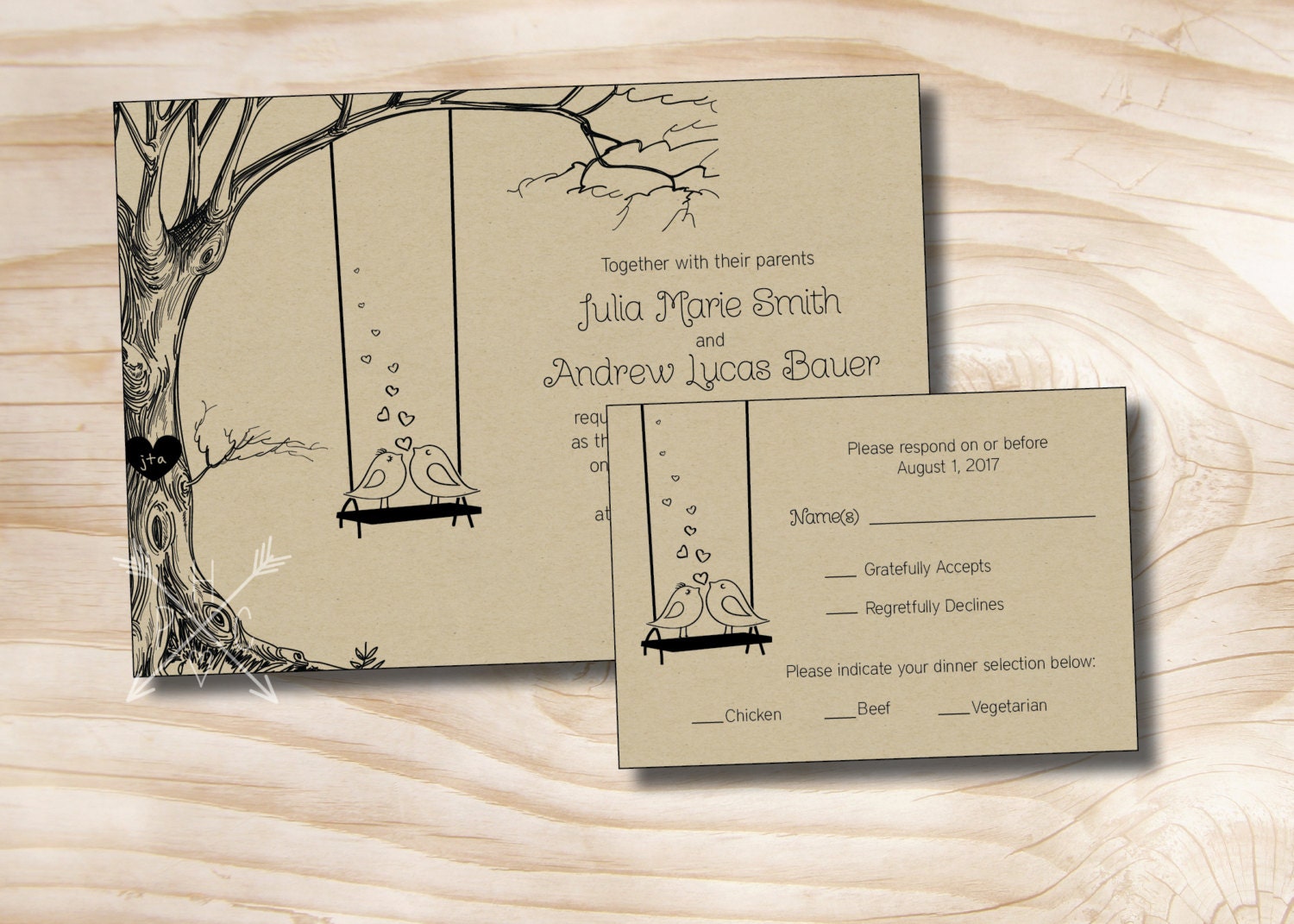 VINTAGE BOOM Swing tortelduifjes Kraft papier bruiloft VINTAGE boom Swing tortelduifjes Kraft papier bruiloft uitnodiging/antwoord kaart - 100 professioneel afgedrukt uitnodigingen & antwoord kaarten Deze aanbiedin