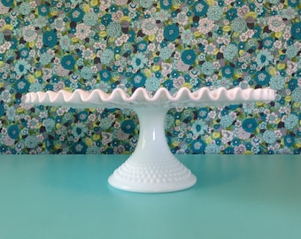 Vintage Fenton Cake Stand, White Hobnail Ruffled Edge, Ribbon, Milk Glass, Wedding Cake Stand, White Cake Stand