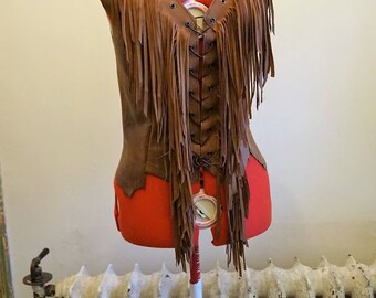 Leather fringe Vest - Fringe lace up leather top