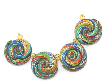 Rainbow round spiral jewelry beads for Jewelry Making DIY handmade gift for girls Polymer Clay beads colorful beads craft supplies, 4 pcs.
