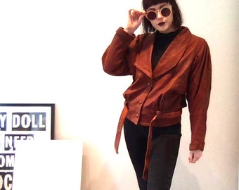 Vintage Retro Medium 80s 1980s Brown Rust Leather Batwing Coat Silk Lined Jacket