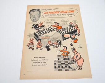 Vintage Kleenex Tissues Ad, It's Kleenex Tissue Time, Little Lulu by Marge Comics, Back to School, Original Advertising, 1953