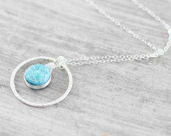 Sky Blue Druzy Necklace, Silver Druzy Necklace, Drusy Pendant Necklace, Blue Drusy Necklace, Wire Wrap Necklace, Sterling Silver Necklace