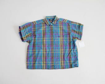 vintage dockers blouse | boxy blouse | blue and purple plaid blouse
