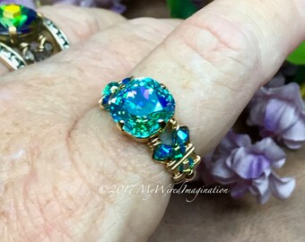 Light Turquoise Glacier Blue, Swarovski Crystal Hand Crafted Wire Wrapped Ring, Original Signature Design, Fine Jewelry Unique Handmade Ring