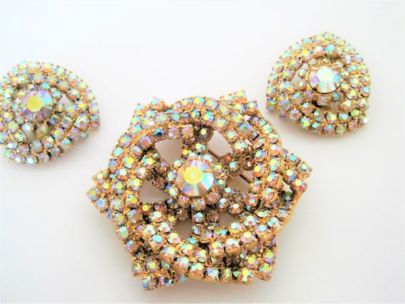 Aurora Borealis Brooch Earrings, Rhinestone Encrusted, Set in Gold Tone, Stunning Vintage Set
