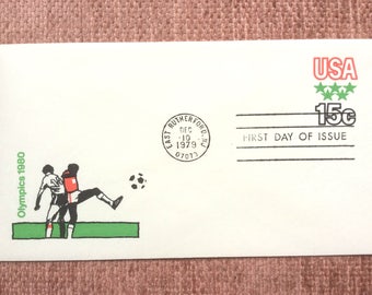Olympics 1980 Soccer First Day Issue US Postage Stamp Stamped Envelope FDC 1979 East Rutherford NJ