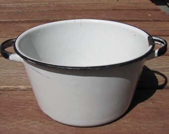 Antique White and Black Enamelware Pot, 2 Handled Stock Pot