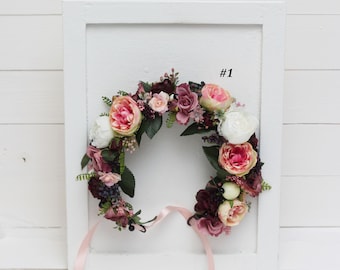 Rose peony flower crown Wedding hair wreath Bridal headpiece Pink white burgundy flower crown Boho Flower headband Wedding set Mommy and me