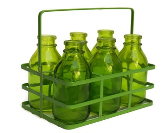 French Vintage Toy Milk Bottles and Carrier. French Rustic Kitchen Decor.