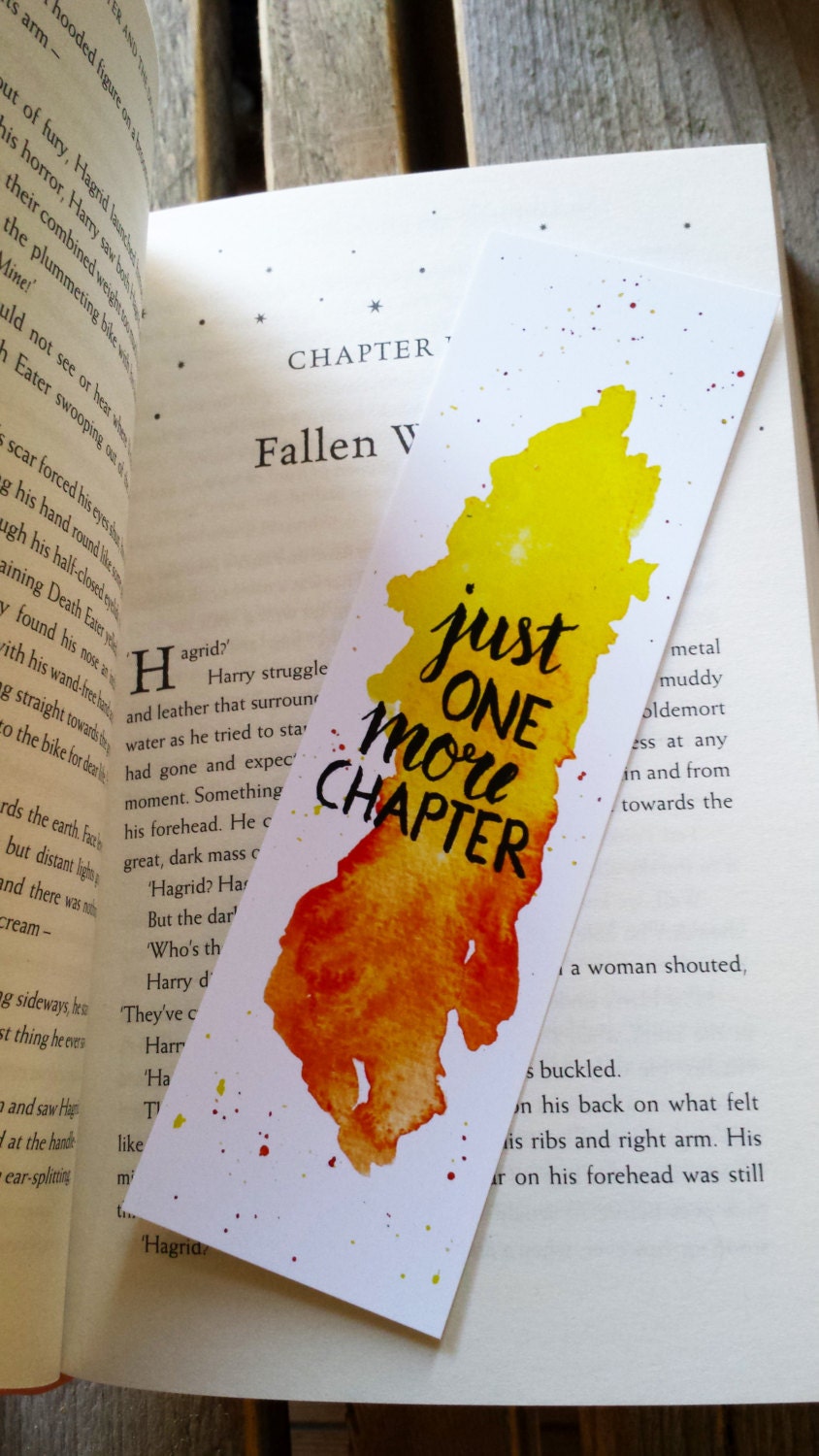 watercolor bookmark just one more chapter orange yellow