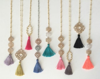 Silk Tassel Necklace // Long Colorful Tassel Necklace // Filigree Tassel Necklace // Bohemian Long Necklace // Metal Lace Tassel Necklace