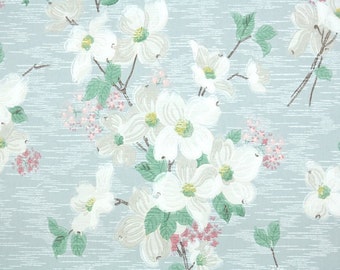 1930s Vintage Wallpaper by the Yard - White and Pink Dogwood Flowers on Blue, Floral Wallpaper