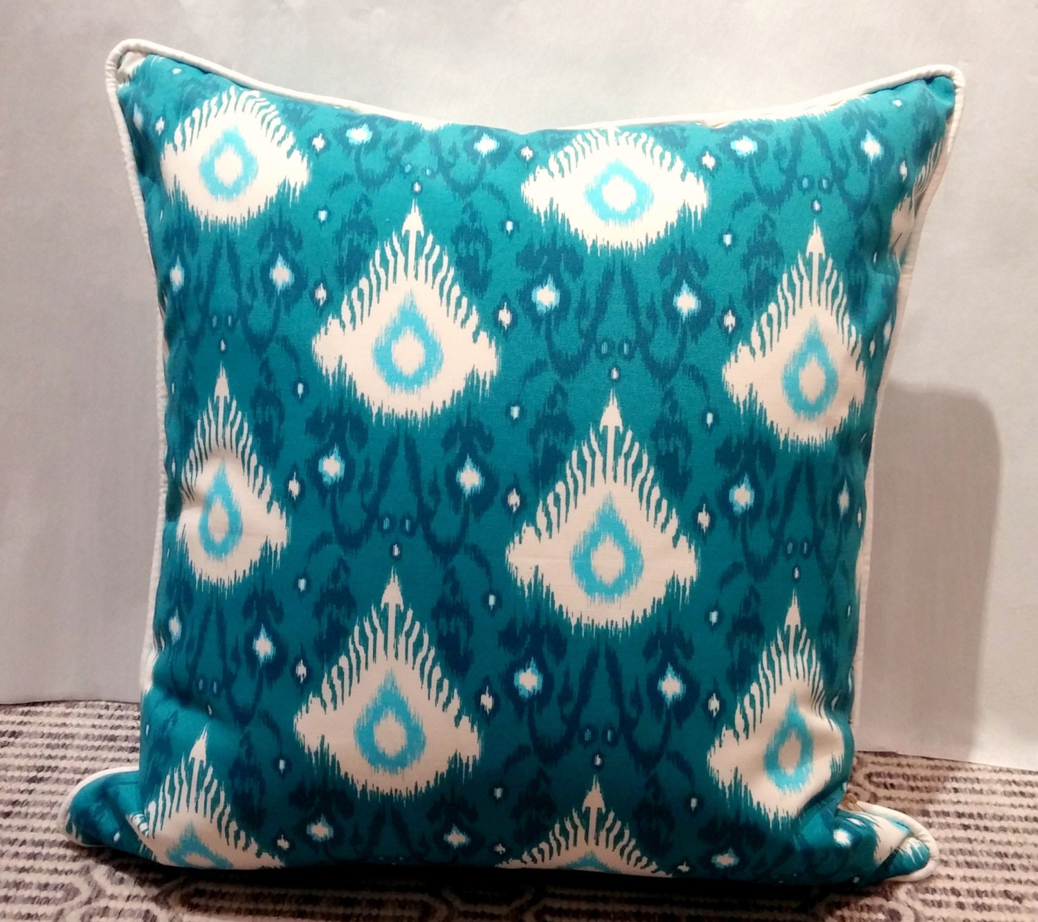 24x24 Indoor Outdoor Pillow Cover With Invisible Zipper Large 24 X24 Indoor Outdoor Pillow Cover With Invisible Zipper Large Turquoise And Light Blue Ikat White Sunbrella Welting