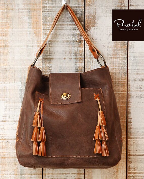 Tassels leather purse Brown leather bag shoulder bag