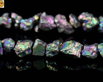 Raw Iron pyrite, Titanium Rainbow, Rough Cut Nugget Beads, Nugget Beads, Rough Beads, Rainbow, Grade AA, One strand, 15inches, 5-6mm