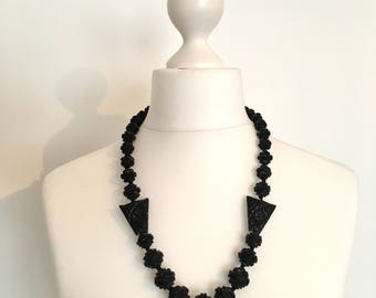 Antique Victorian Large Carved Whitby Jet Bead Necklace