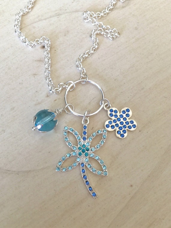 Aquamarine & Sapphire Crystal Dragonfly Pendant Necklace, Sterling Silver