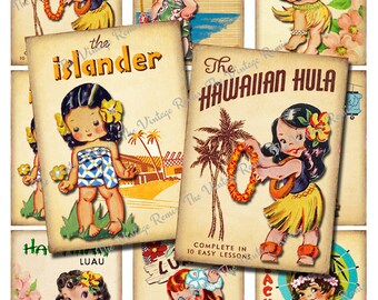 INSTANT DOWNLOAD, Vintage Hula Girls, Digital Collage Sheet, Retro ATC Printables