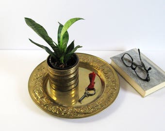 12" Vintage Round Brass Serving Tray - Embossed Brass Repousse Flower Design - Brass Home Decor - Polished Brass Barware - Brass Valet Tray