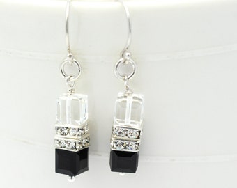 Black White Crystal Earrings | Sterling Swarovski Black White Earrings | Tuxedo Earrings | Bridal Earrings