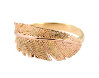 14k Rose Gold Feather Ring with a 14k Yellow Gold Band
