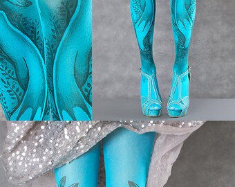 Tattoo Tights, Fox Tights cyan Closed Toe one size full length printed tights, pantyhose, nylons, tattoo socks