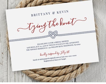 Bridal Shower Invitation Printable, Nautical Wedding Shower Invite Template, Tying / Tie the Knot, Instant Download, Editable #011-201BS