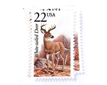 5 x White-tailed Deer - 22 cents - 1987 Unused, Vintage Postage Stamps - Bambi - Antelope - mail art, crafting, styling, invites, postal