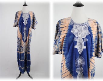 Vintage Tie Dyed Embroidered Cotton Maxi Caftan
