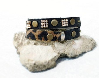 Black leather bracelet, leopard bracelet, double wrap bracelet, rhinestone leather cuff, leopard jewelry, studded bracelet