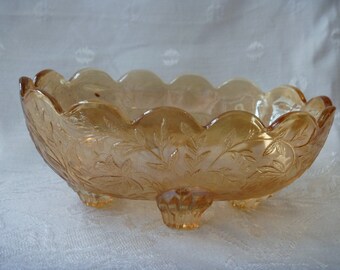 Jeannette Glass Louisa Candy Dish Oval Bowl Four Toed Flora Gold Pattern