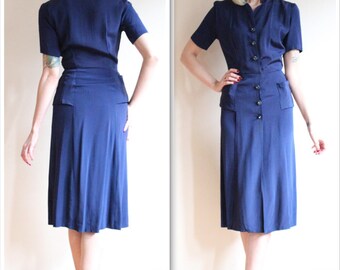 1940s Dress // Bright Navy Rayon Dress // vintage 40s dress