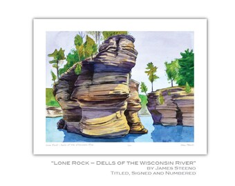 Lone Rock – Dells of Wisconsin River Watercolor Art Print by James Steeno (Rock Formation)