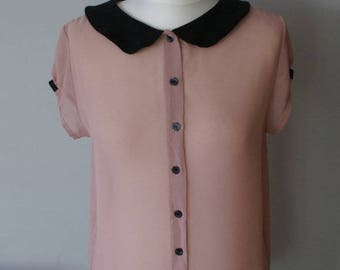 Powder pink Peter Pan collar blouse with buttons, Retro Pink blouse, Summer blouse, Charming blouse